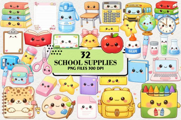 Download Kawaii School Supplies Clipart Bundle - Bundle Collection