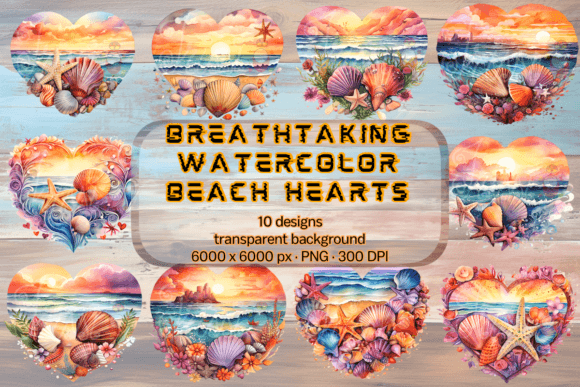 Download Watercolor Heart on Beach Sea PNG Bundle - Bundle Collection